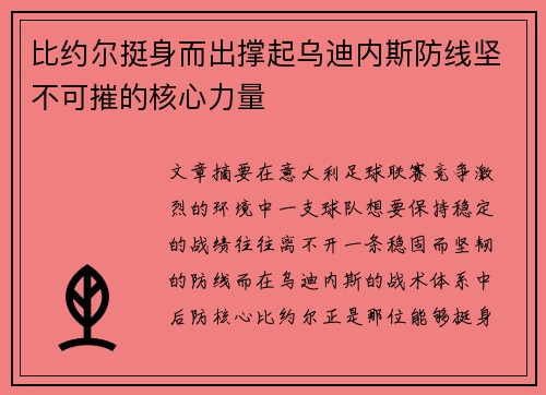 比约尔挺身而出撑起乌迪内斯防线坚不可摧的核心力量